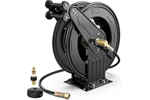BREARO Pressure Washer Hose Reel, 3/8 in x 50 ft Retractable Pressure Washer Reel, 4000 PSI Auto Rewind Heavy Duty Steel Power Wash Hose Reel with 5 ft Lead for Air/Oil/Water
