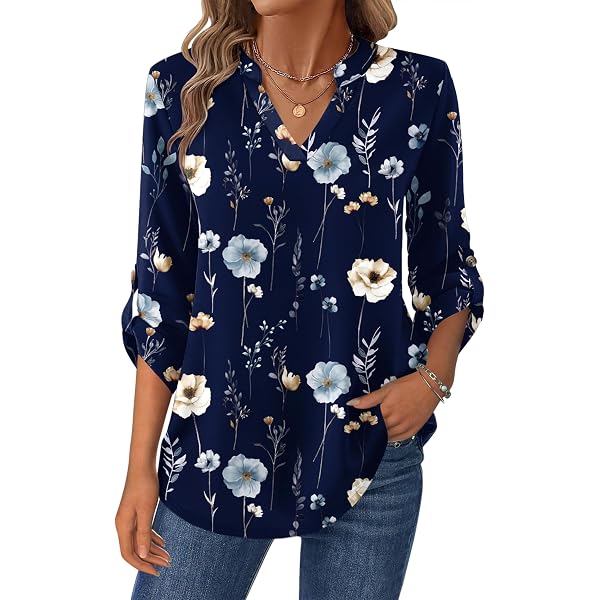 Chemisier Femme à Manches 3/4 Boutonné - Imprimé Floral Vintage - Pour Bureau Et Décontracté