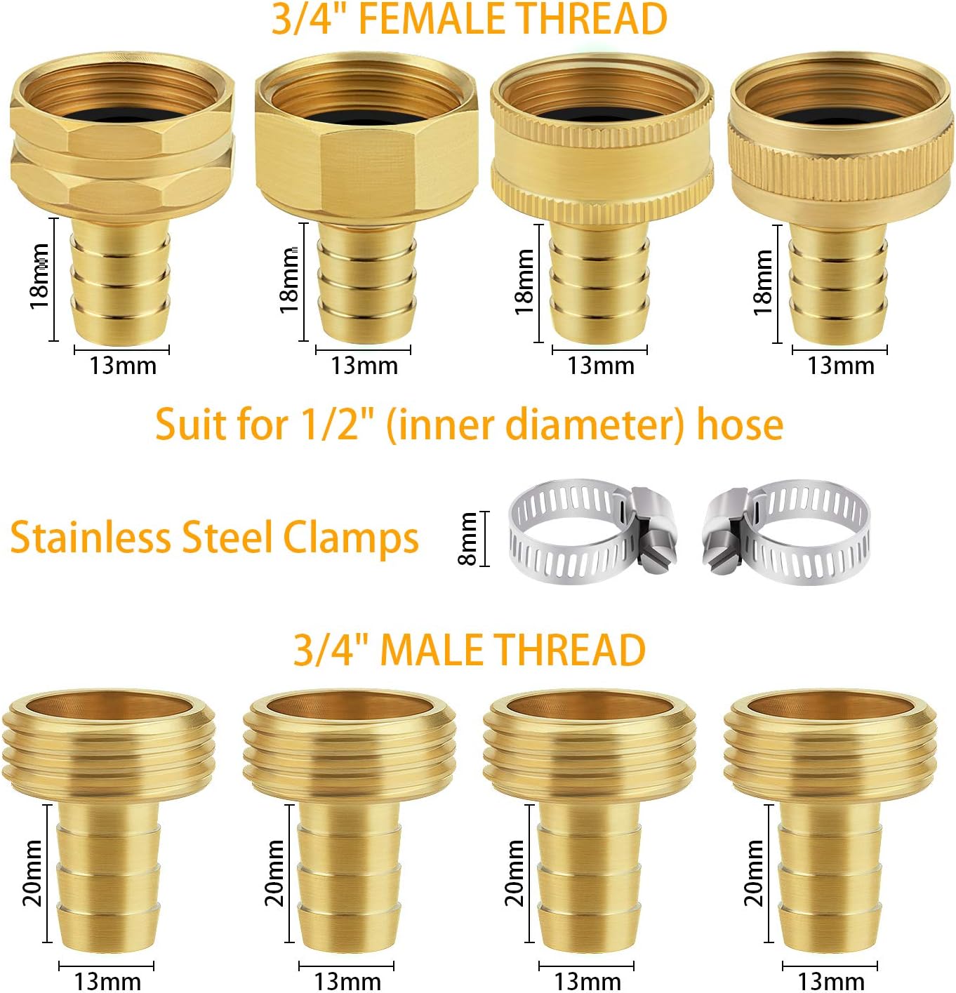 Awpeye 4 Sets 1/2 Inch Garden Hose Repair Kit Brass Hose Mender End Repair Female and Male Water Hose Connector with 8 Pieces Stainless Steel Clamp : Garden & Outdoor