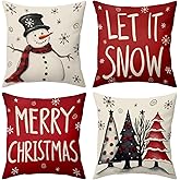 BBOLDIN Christmas Throw Pillow Covers 18x18, Red Christmas Tree Snowman Snowflake Pillow Cases Set of 4, Winter Holiday Cushion Covers Decorations for Indoor Sofa Living Room