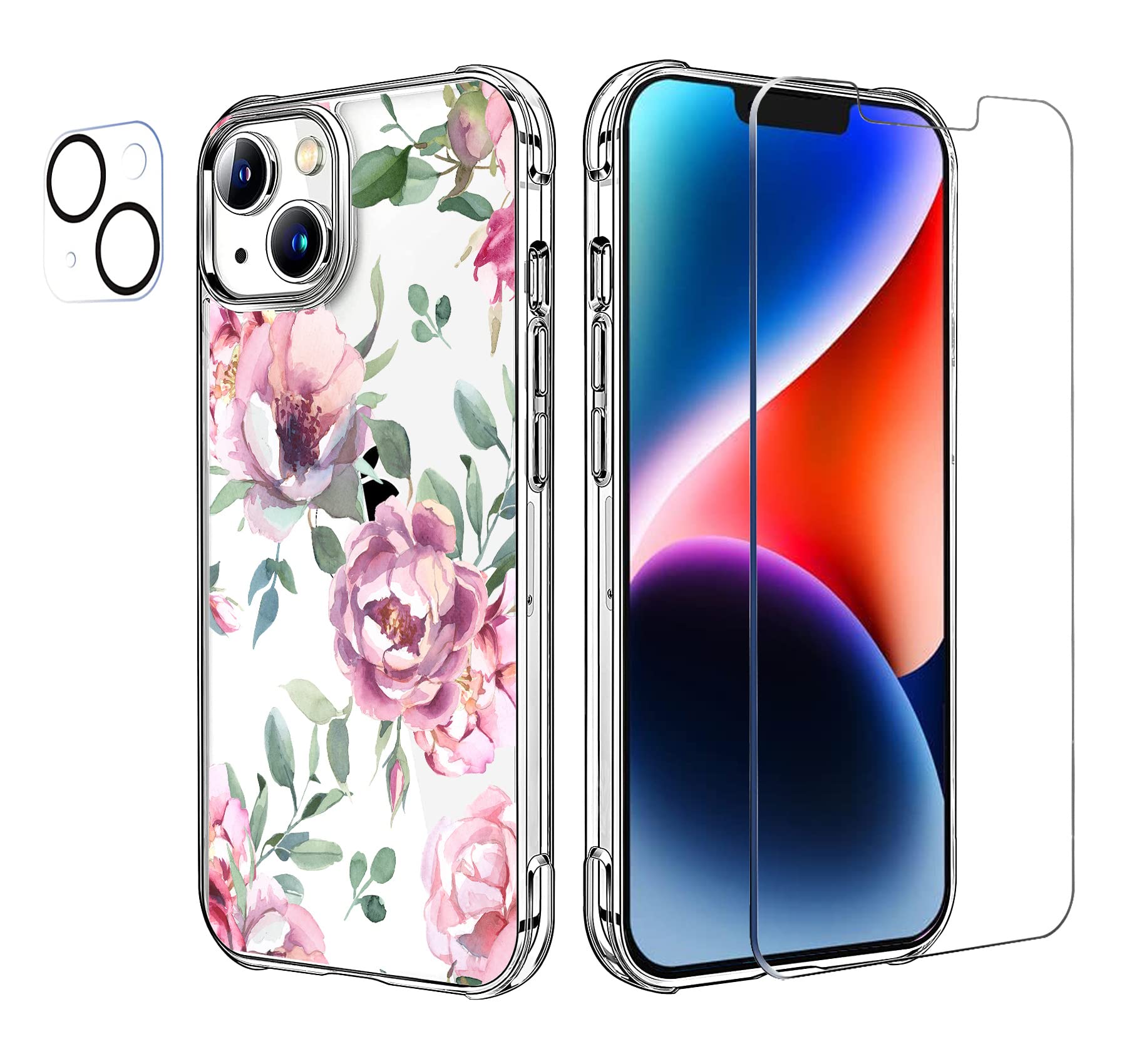 Photo 1 of HEYORUN Flower Case Compatible for iPhone 14, Cute Rose Floral Back Case Cover, with Screen and Camera Lens Protector, Transparent Soft TPU Bumper Shockproof Protective Phone Case