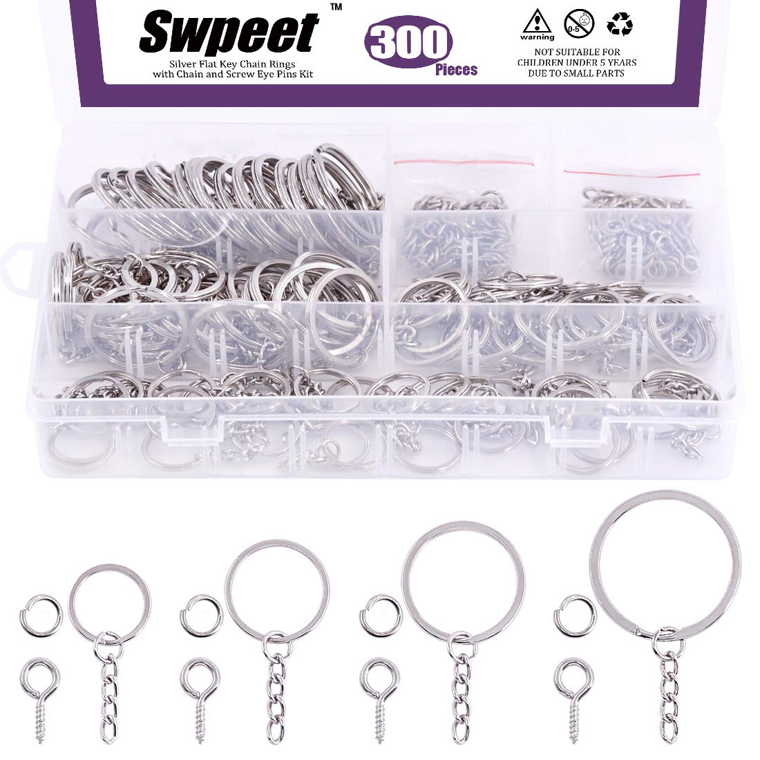 Swpeet 300Pcs Sliver Flat Key Chain Rings Kit, 100Pcs Keychain Rings with Chain and 100Pcs Jump Ring with 100Pcs Screw Eye Pins Bulk for Jewelry Findings Making - 4/5 Inch, 1 Inch, 6/5 Inch, 7/5 Inch