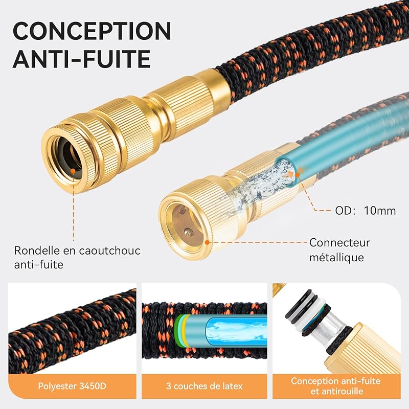 Tuyau d'Arrosage Extensible 15m avec Pistolet à 10 Jets et Raccords
