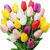 28pcs Multicolor Flowers Artificial Tulip Stems Real Feel PU Tulips for Easter Spring Wreath Wedding Bouquet Centerpiece Floral Arrangement Cemetery Table Décor 13" Tall