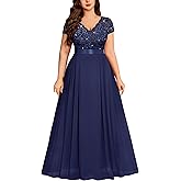 Miusol Women's Plus Size Sequin Floral Lace V Neck Formal Party Evening Gown Chiffon Maxi Dress