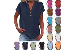 Womens Cotton Linen Tops Button V-Neck Tunic Shirts 2025 Summer Fashion Outfit Dressy Casual Short Sleeve Blouses