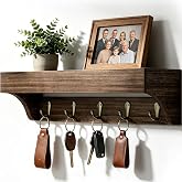 KISENG Key Holder Wall Mount with 5 Hooks for Entryway, Rustic Brown | Rustic Display Shelf for Plants &amp; Mail, Key Rack for Dog Leashes, Sunglasses, bags, Farmhouse Entryway &amp; Living Room Decor