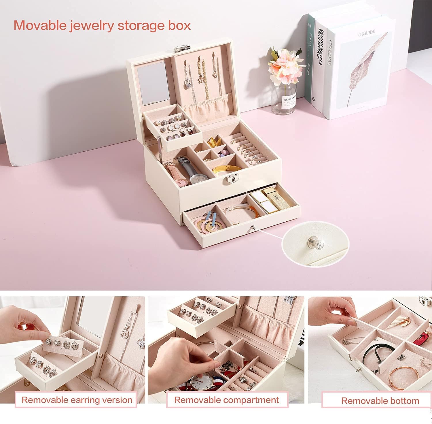 Lockable Jewelry Box,3-layers PU Leather Jewelry Organizers for Women ,Jewelry Display for Rings Earrings Necklaces Watches, White: Home Improvement