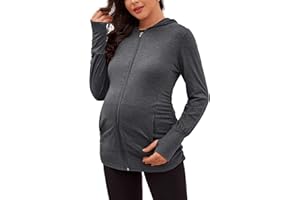 DEBELLY Maternity Hooded Sweatshirt Full Zip-up Pregnancy Jacket Long Sleeve with Thumb Hole Pregnant Women Fall Tops Light Pocketed Outwear with Side Pleats,Dark Grey,S