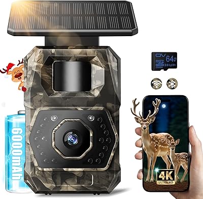MAXDONE Wildkamera mit Handyübertragung App - Wildtierkamera 4K 64MP WLAN Solar Wildkamera mit 6000mAh Akku & Bewegungsmelder Nachtsicht, 0,1s Auslösezeit, Inklusive 64GB SD Karte, IP66 Wasserdicht