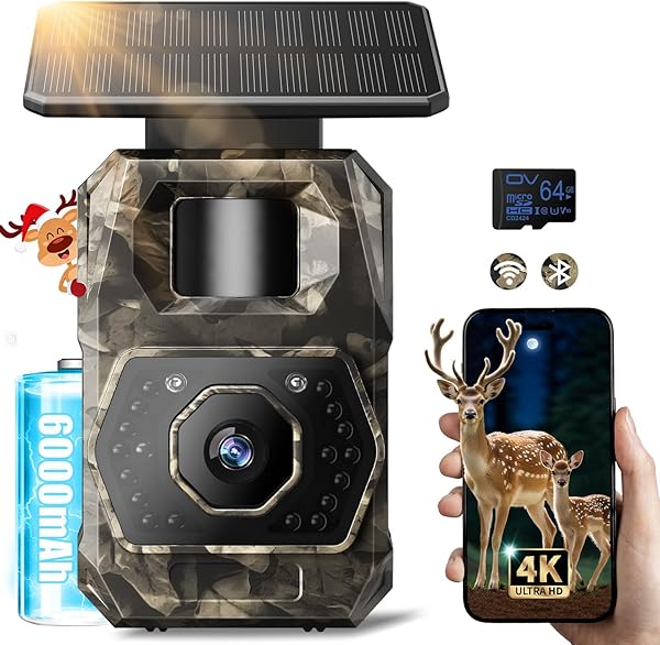 MAXDONE Wildkamera mit Handyübertragung App - Wildtierkamera 4K 64MP WLAN Solar Wildkamera mit 6000mAh Akku & Bewegungsmelder Nachtsicht, 0,1s Auslösezeit, Inklusive 64GB SD Karte, IP66 Wasserdicht