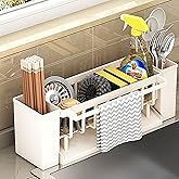 RAKSONIC Utensil Holder, 3 Compartments Utensil Drying Rack, Dish Drainer for Kitchen Counter,Kitchen Utensils Holder with Towel Bar,Self-Draining Tray Design(White)