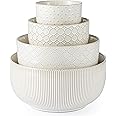 MIKIGEY Mikiegy Ceramic Mixing Bowls Set of 4, Nesting Ceramic Embossment Stoneware Mixing Bowls for Cooking, Seving, Popcorn, Salad etc, Microwave & Dishwasher Safe, 20/44/98/145 oz, Off-White