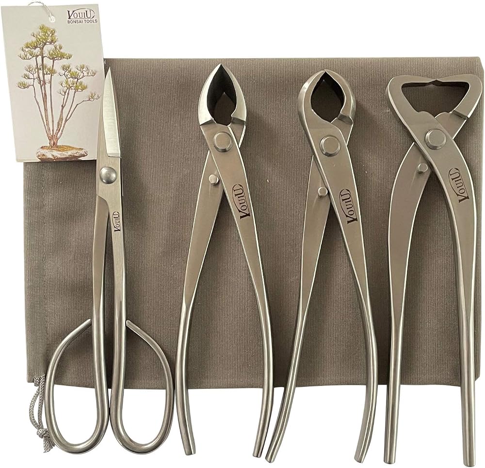 Vouiu 4-Piece Bonsai Tool Set 8 Inch Stainless Steel Concave Cutter Knob Trunk