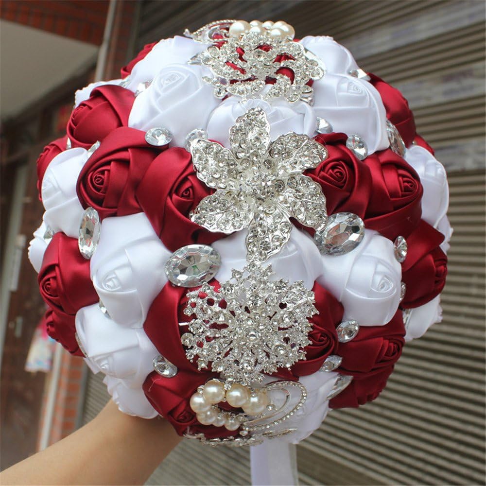 FYSTORE Wedding Bouquets for Bride Bouquet Crystal Wedding Rhinestone Brooch Bouquets Brides Hand Holding (Wine Red+White)