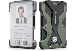 OARIDEY Minimalist Wallet for Men- Slim Aluminum Metal Money Clip with Clear ID Card Holder, RFID Blocking, Holds up 15 Cards with Cash Clip, Ultra-Thin Tactical Carbon Fiber -Army Green
