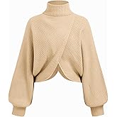 CIDER Cropped Sweaters for Women Turtleneck Sweater Long Sleeve Ribbed Knit Lantern Sleeve Pullover Fall Outfits