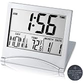 KANBIT Digital Travel Alarm Clock Battery Operated, Portable Large Number Display Alarm Clock with Temperature,12/24 H Small Desk Clock -Silver (NO Light)