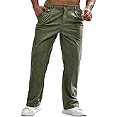 Runcati Mens Corduroy Pants Elastic Waist Straight Leg Casual Pleated Pants with Pockets