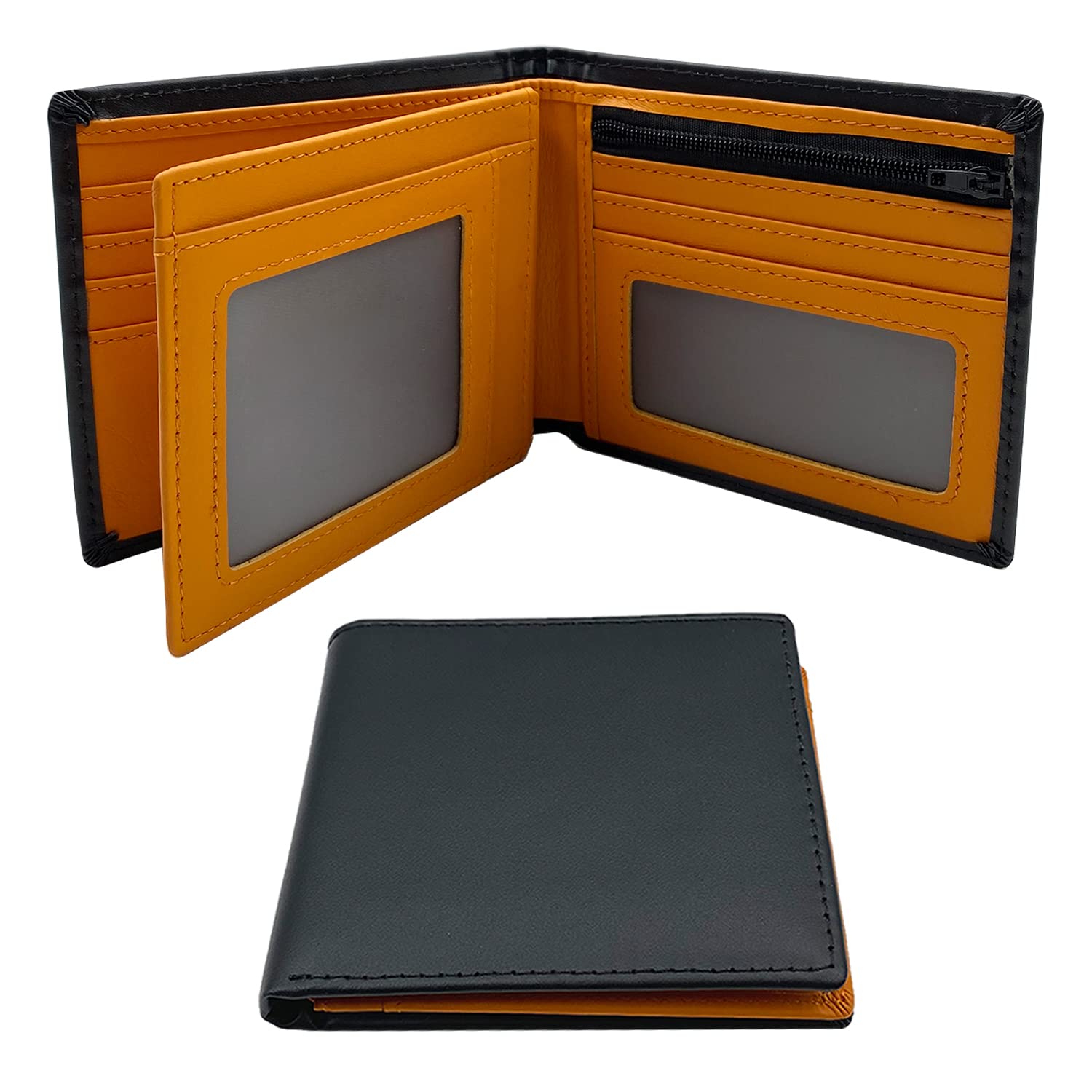 ehsbuy Genuine Leather Mens Wallets RFID Blocking Bi-Fold Card Holder Wallet with Zip Coin Pocket Flip Out ID Window Gifts for Men (Black Orange)