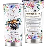 kwsnatel Photographer Gifts for Women - Just a Girl Who Loves Photography Tumbler with Lid - Birthday Gifts for Women Photographer - Traveling Cups for Her - Cute Flower Camera Coffee Mug 20oz