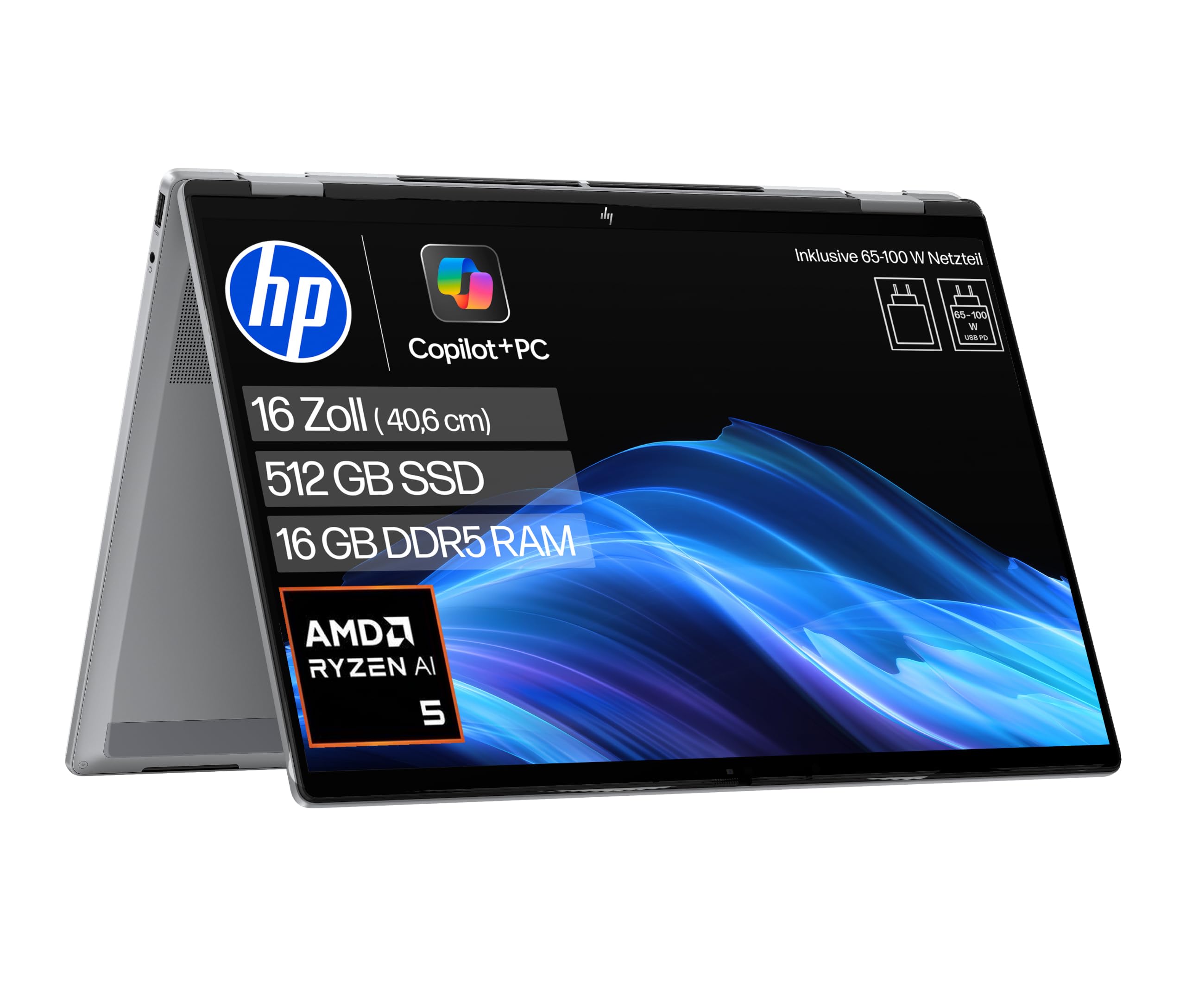 HP OmniBook X Flip, 16" WUXGA, AMD Ryzen AI 5, 16GB RAM, 512GB SSD