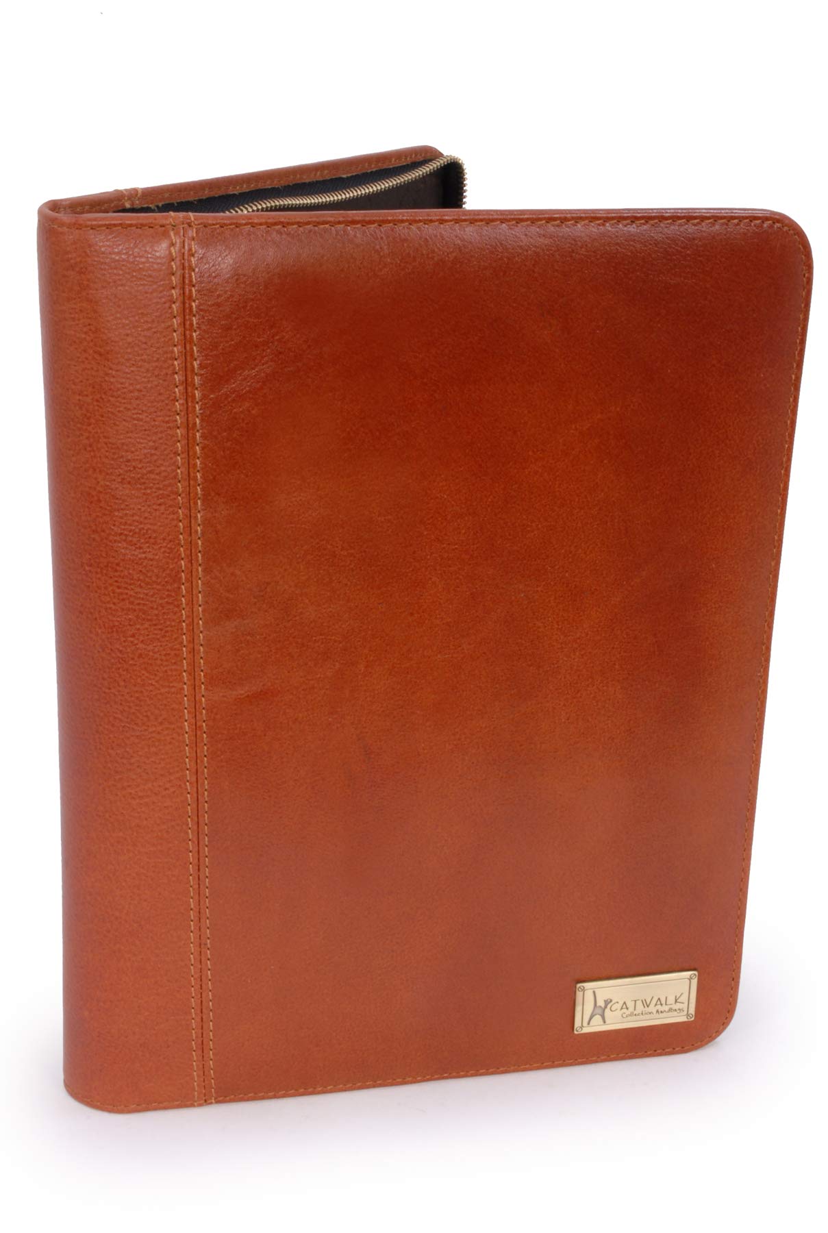 Catwalk Collection Handbags - Women's Leather A4 Zip Conference Folder - Business Document Portfolio with Notepad - Fits Tablet - Chloe - Tan