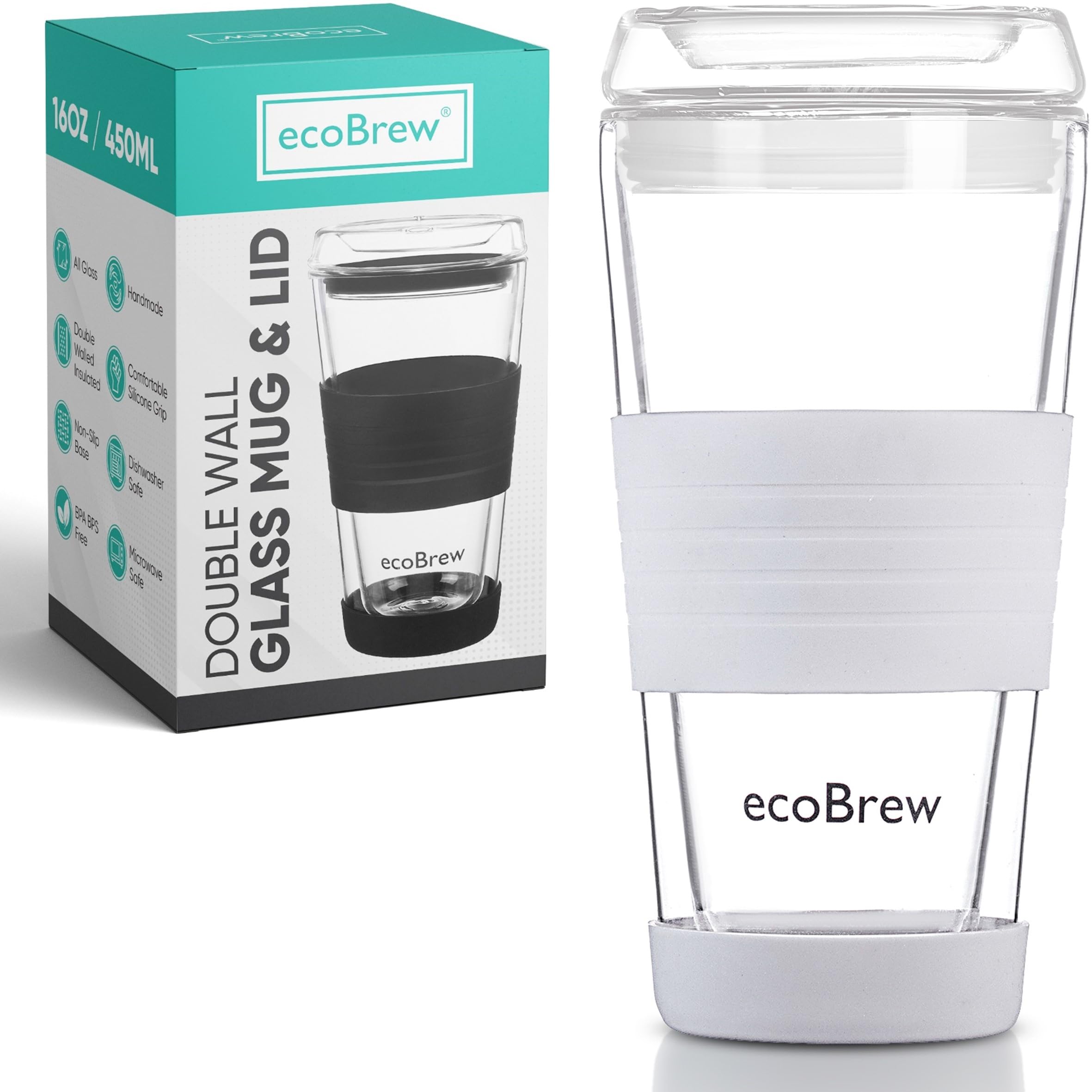 Photo 1 of ecoBrew 16oz Double Wall All Glass Tumbler with Lid, Dishwasher Safe & Microwavable Glass Travel Mug, Clear Coffee Tumbler To Go, Reusable Ceramic Cup for Hot & Cold Drinks