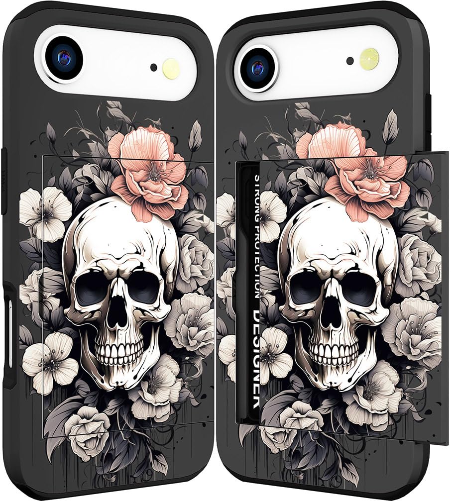 DYZTUNOCA Compatible with iPhone 17 Air Case Wallet Cute for Women with Design,Rugged Credit Card Holder Slot Protective Phone Skin Cases Girly Design (Black Bone Skull Tattoos)