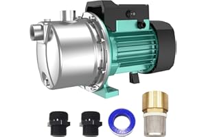 PUMPMAN 1HP Shallow Jet Well Pump Portable Garden Pump, 980GPH 110V 148Feet Stainless Steel, Water Transfer Draining Irrigation Pump Lawn Water Sprinkler Booster Pump