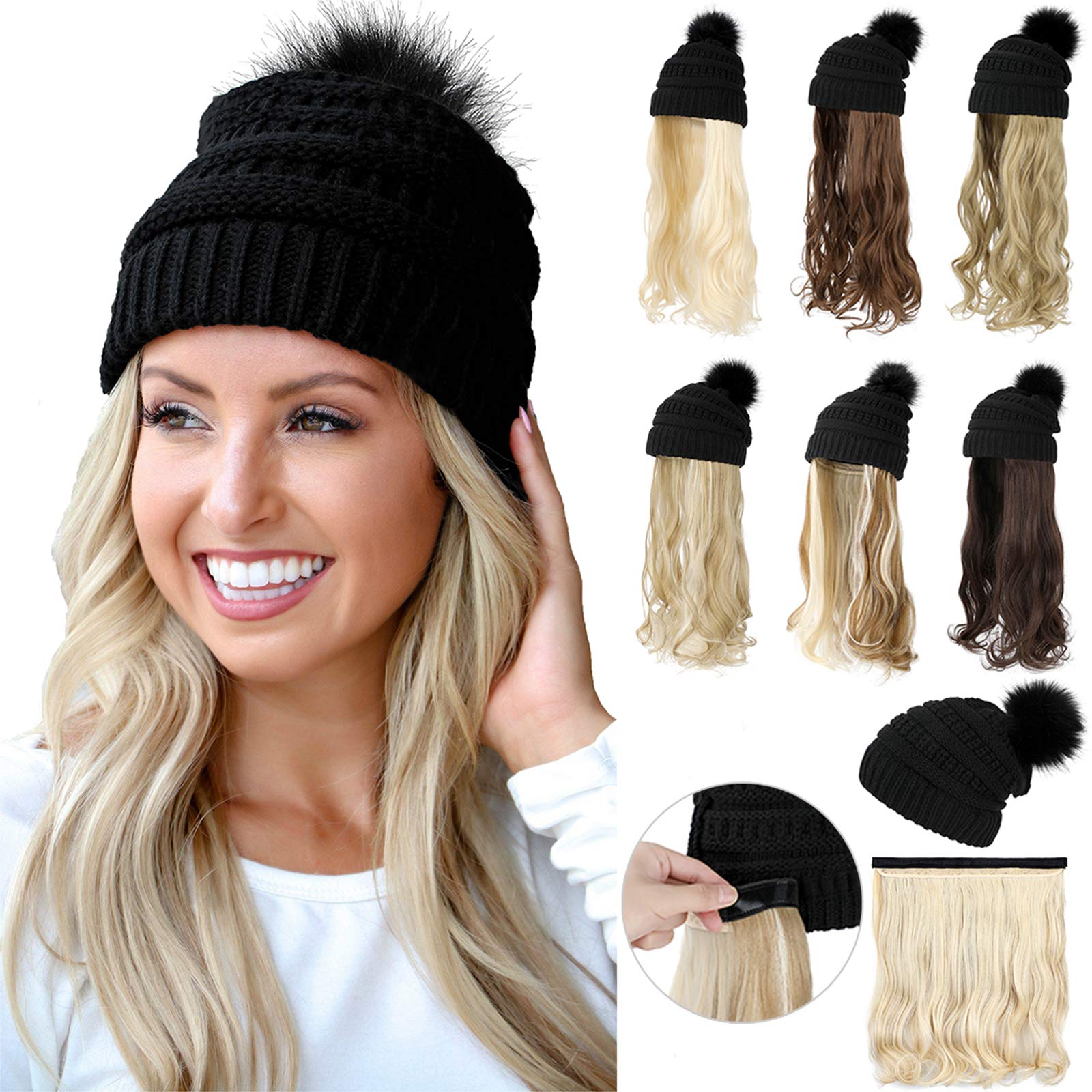 Photo 1 of Qlenkay Beanie Hat with Long Wavy Curly Hair Extensions Black Knit Cap Attached 20inch Synthetic Wig Detachable Hairpiece Warm Pom for Women Winter Ginger Blonde Mix Bleach Blonde