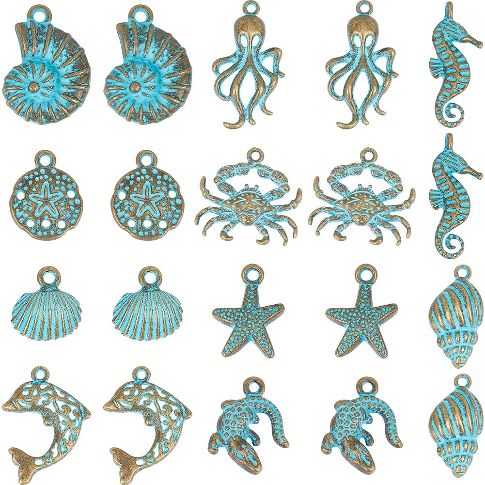 SUNNYCLUE 1 Box 40Pcs 10 Styles Ocean Theme Charm Sea Life Charms Bulk Antique Bronze Turquoise Color Ocean Animal Vintage Summer Charm for jewellery Making Charms DIY Necklace Bracelet Earring