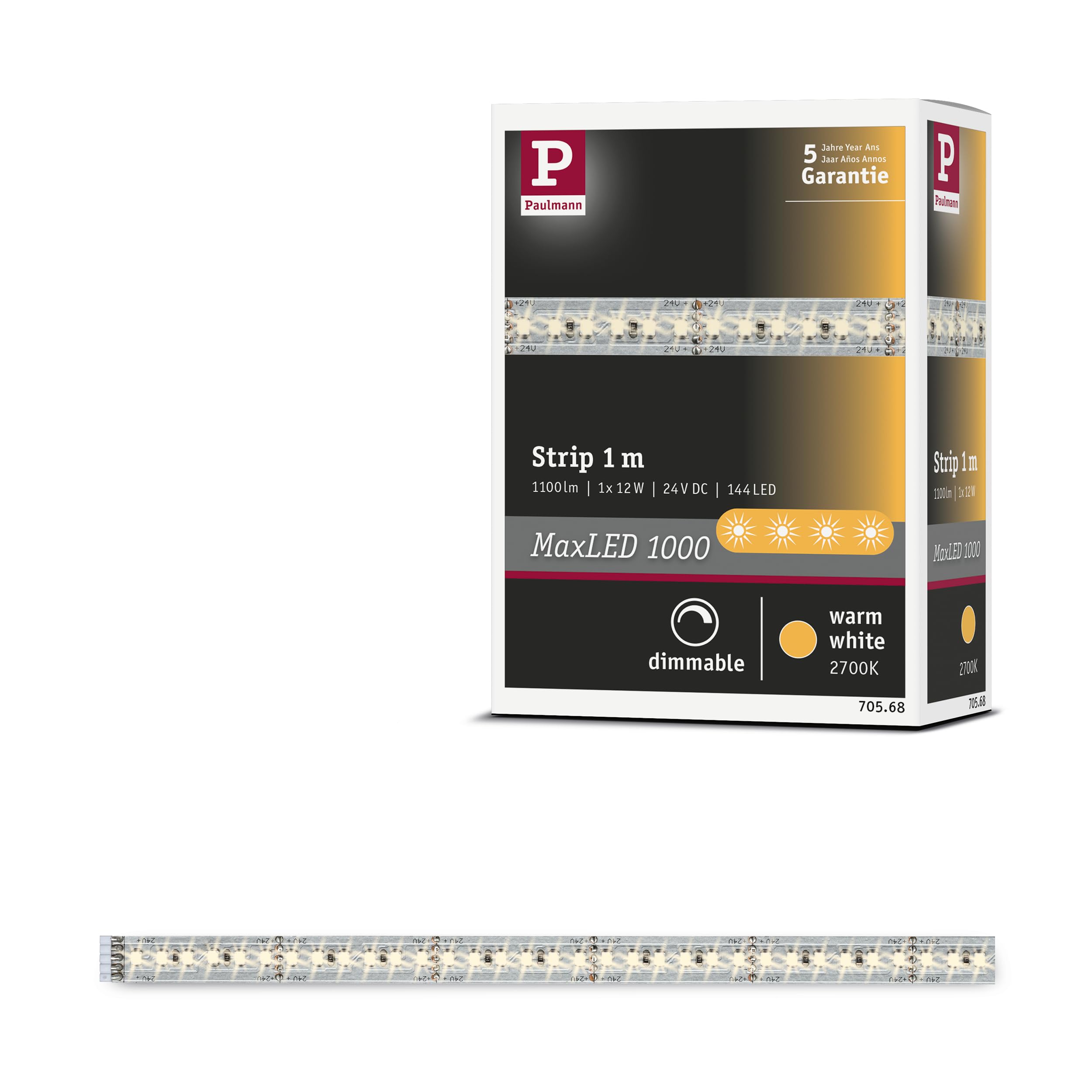 Paulmann 70568 MaxLED 1000 Strip 1 m 2700 K Warm White LED Strip uncoated 13.5W Lighting Strip 1100 lm Light Strip 144 LED 24 V