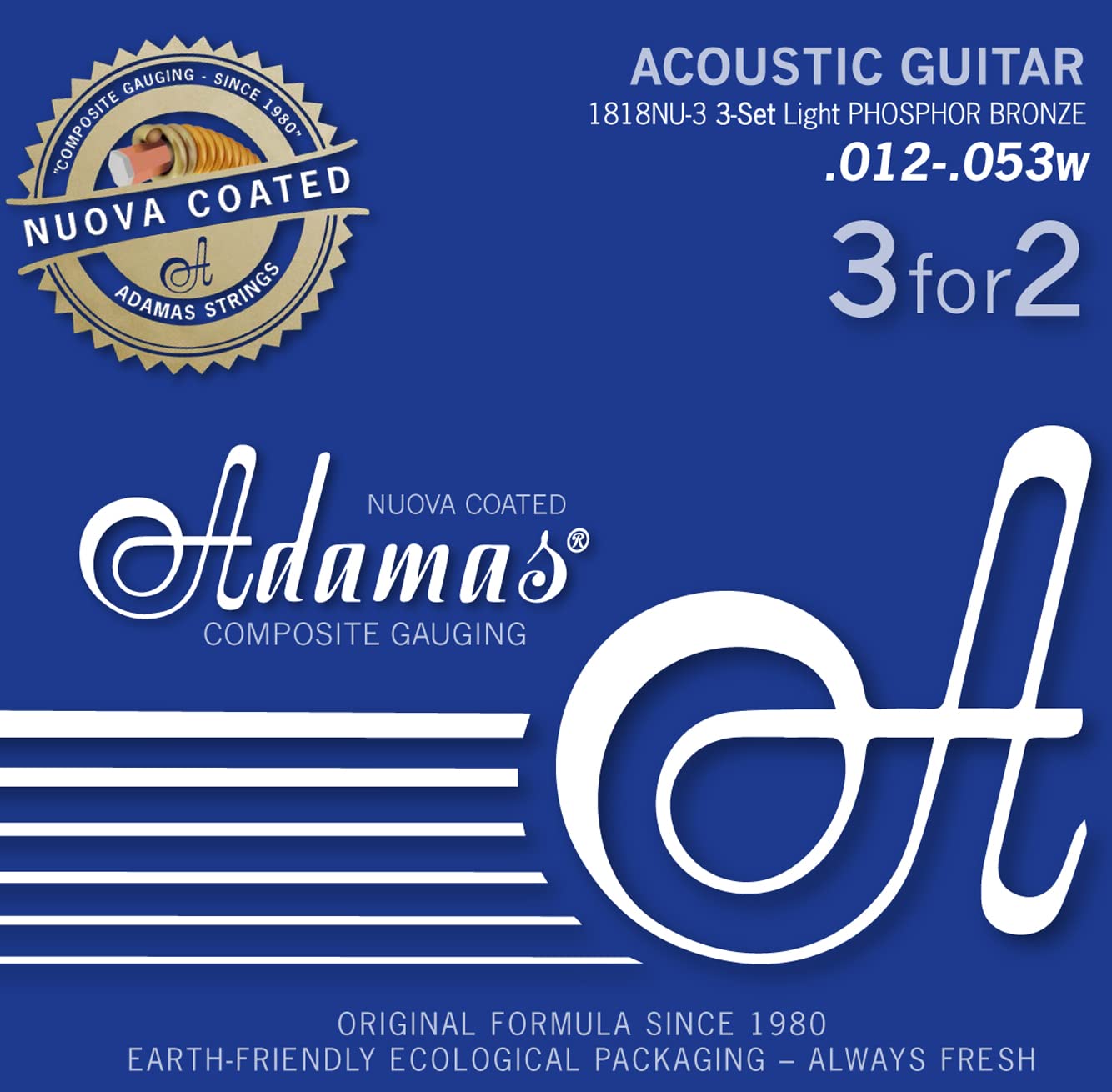 Adamas Strings for Acoustic Guitar Niúova Phosphor Bronze Coated Set of 3 Light .012 1818NU-3