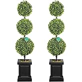 3.5ft Boxwood Outdoor Topiary Set of 2, Tall All Year Green Fake Plant Topiary Trees Artificial Outdoor Porch Trees with Sturdy Pot for Outdoor Indoor (Ball)