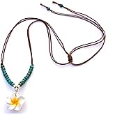 Boho Beaded Choker Necklace for Women and Teen Girls, Hawaii Hawaiian Plumeria Flower Turquoise and Sterling Silver Beads, Adjustable Beach Summer String Necklace, Handmade Hippie Jewelry by Tribes