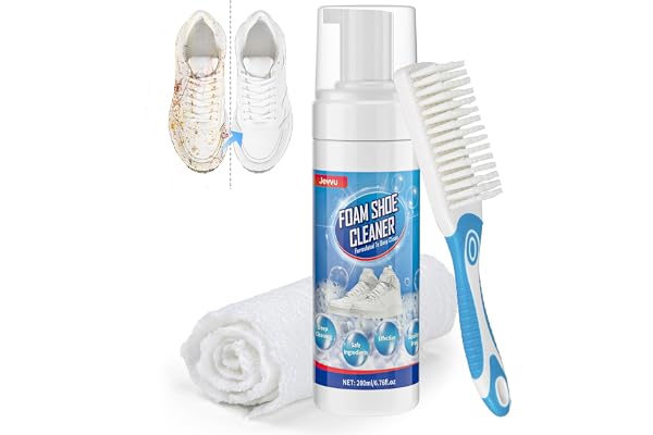 Jevvu Shoe Cleaner, 200ml Shoe Cleaning Kit with Brush & Towel, White Shoe Cleaner for Sneaker, Leather, Knit, Boots, PU