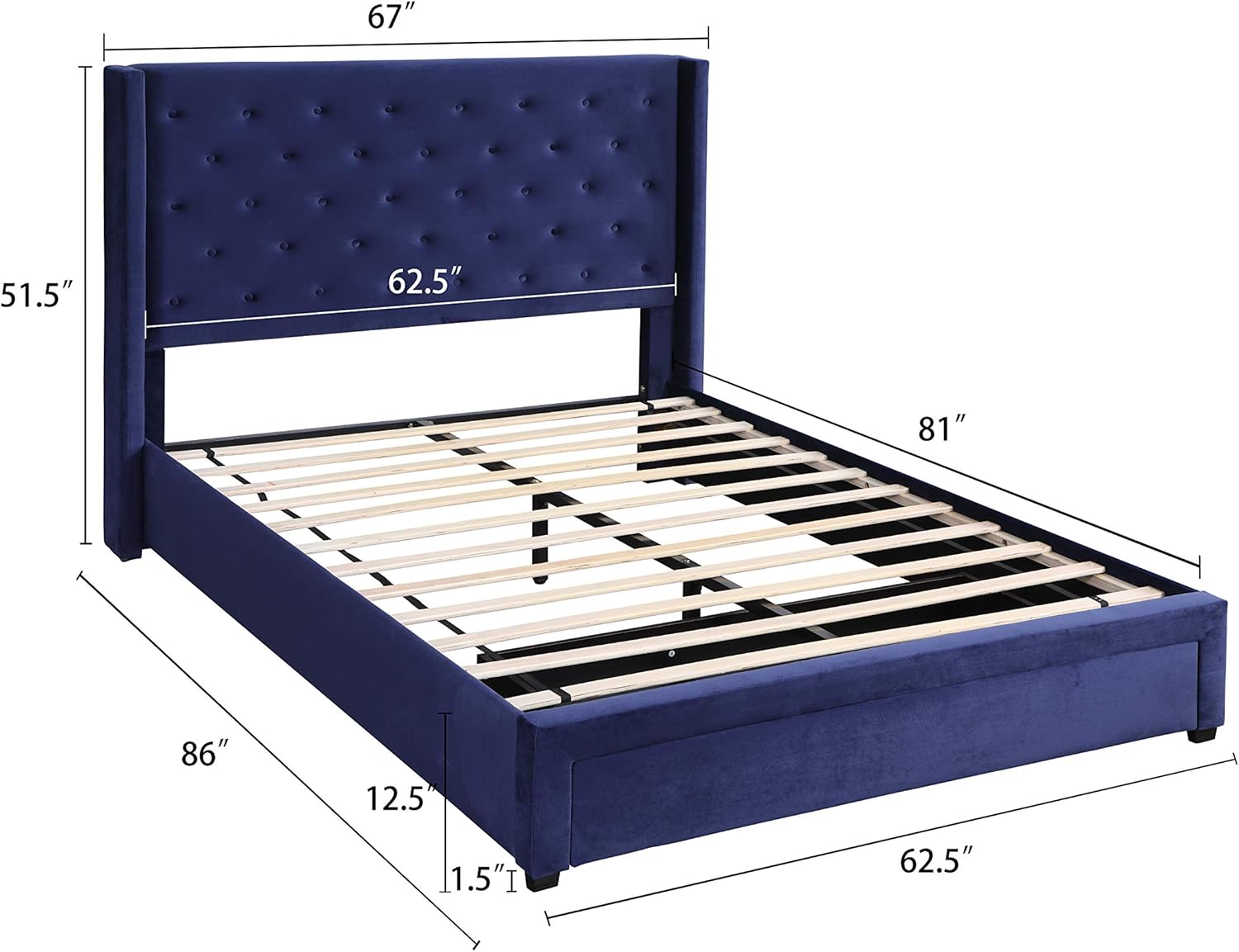 Home Life Blue Velour 51 Tall Headboard Platform Bed With 1 Drawer Storage Slats Queen 5 Year Warranty 053 Beds Frames Bases Bases Foundations Svanimal Com