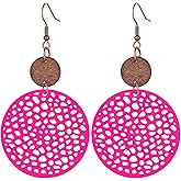 MALOYANVE Boho Wooden Earrings for Women Bohemian African Round Geometric Wood Earrings Vintage Hollow Out Circle Earrings Handmade Lightweight Dangle Drop Statement Wooden Earrings Jewelry Gifts