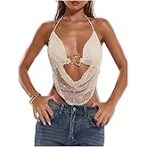 MakeMeChic Women's Y2k Crochet Halter Top Tie Open Back Metal Ring Draped Front Sequin Rave Party Going Out Tops