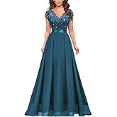 Miusol Women's Elegant V-Neck Cap Sleeve Sequined Floral Lace Formal Party Maxi Dress