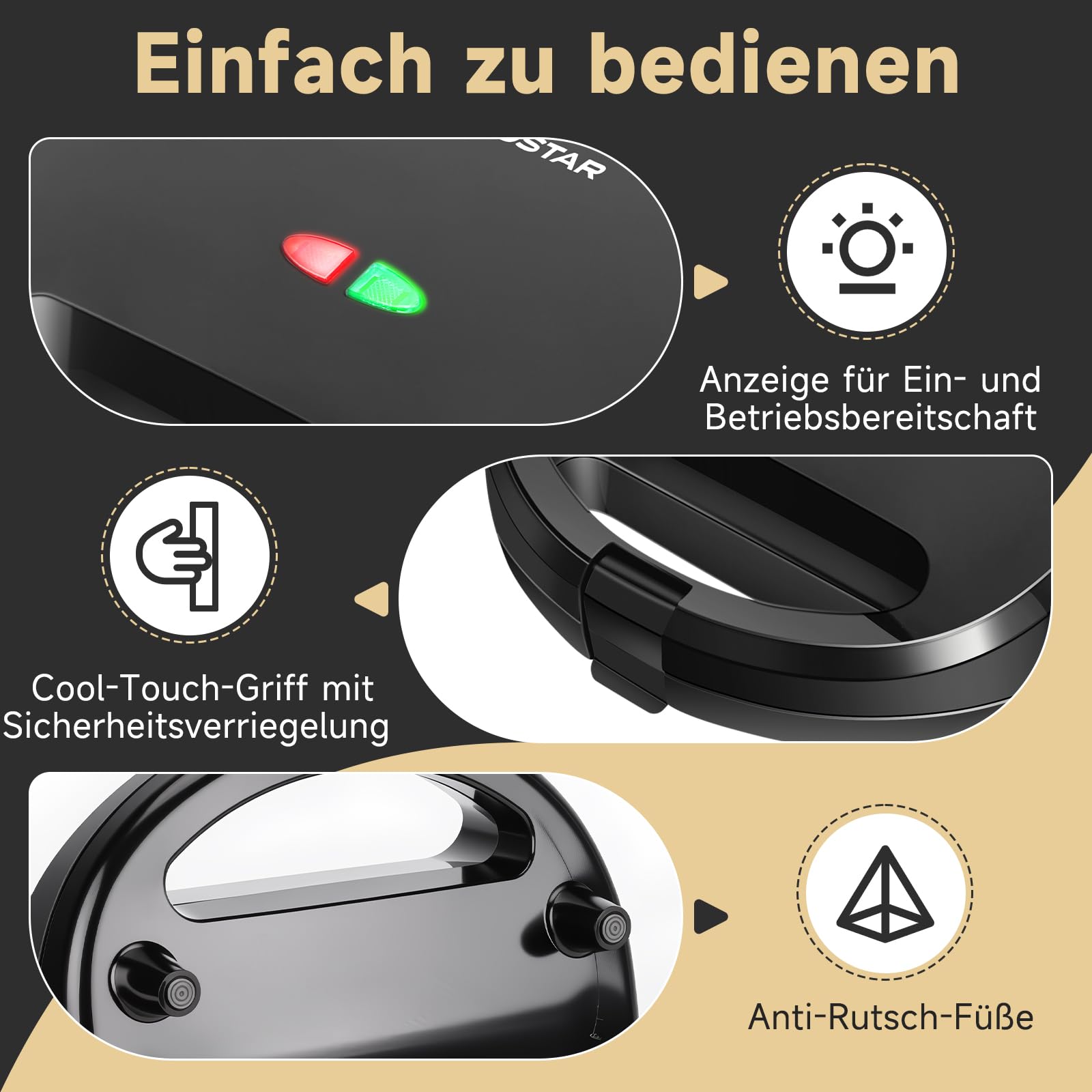 Sandwichmaker 3 in 1, Sandwichtoaster, Kontaktgrill, Waffeleisen 3 in 1, 3 Abnehmbare, Spülmaschinengeeignete und Antihaftbeschichtete Grillplatten, Dreieckig Sandwich Maker 30JVU, 750 W 5