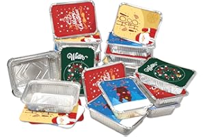XIAFEI Kitchen Christmas Cookie Tins, 32 Piece, Foil Pans with Covers Takeout Pans for Holiday Festival Christmas,For Gift Giving in 4 Holiday Designs- 8.3" x 5.7" x 1.8"