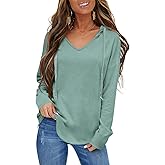 EasyGala Womens V Neck Hoodies Lightweight Drawstring Sweatshirts Casual Loose Pullover Fall Long Sleeve Hooded Top 2026