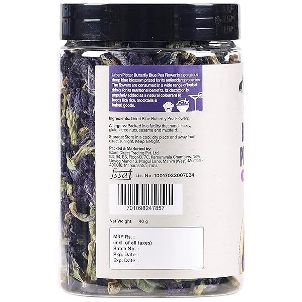 URBAN PLATTER BLUE BUTTERFLY PEA FLOWER | 1.41 OZ (120+ CUPS) | DRIED FLOWERS FOR TEA | RICH IN ANTIOXIDANTS | CAFFEINE-FREE HERBAL TEA | NATURAL BLUE & PURPLE COLOR FOR ICED TEAS & COCKTAILS