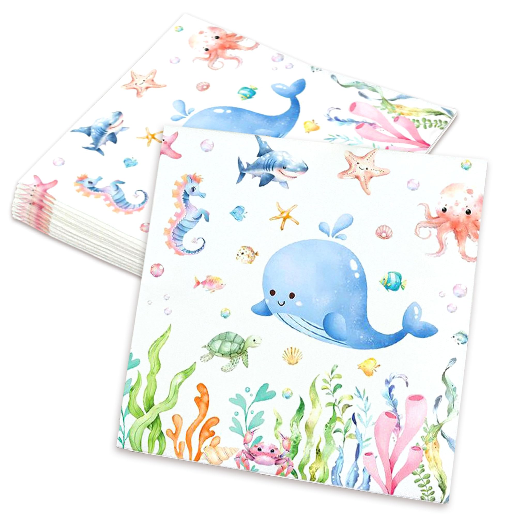 Photo 1 of 20 PCS Under The Sea Party Napkins Ocean Paper Napkins Disposable Summer Sea Birthday Party Supplies Turtles Whales Napkins for Baby Shower Decor