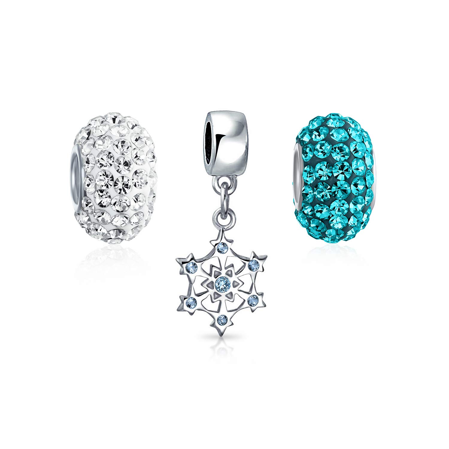 Set Of 3 Blue White Crystal Christmas Snowflake .925 Sterling Silver Charm Bead Bundle For Teen For Women Fits European Bracelet