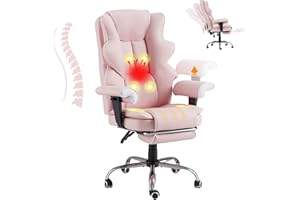 HOMREST 6-Point Massage Executive Chair,Heat Office Chair,Ergonomic Home Office Desk Chairs with Retractable Footrest and Reclining Function,Leather Computer Chair with Adjustable Armrest(‌Pink)