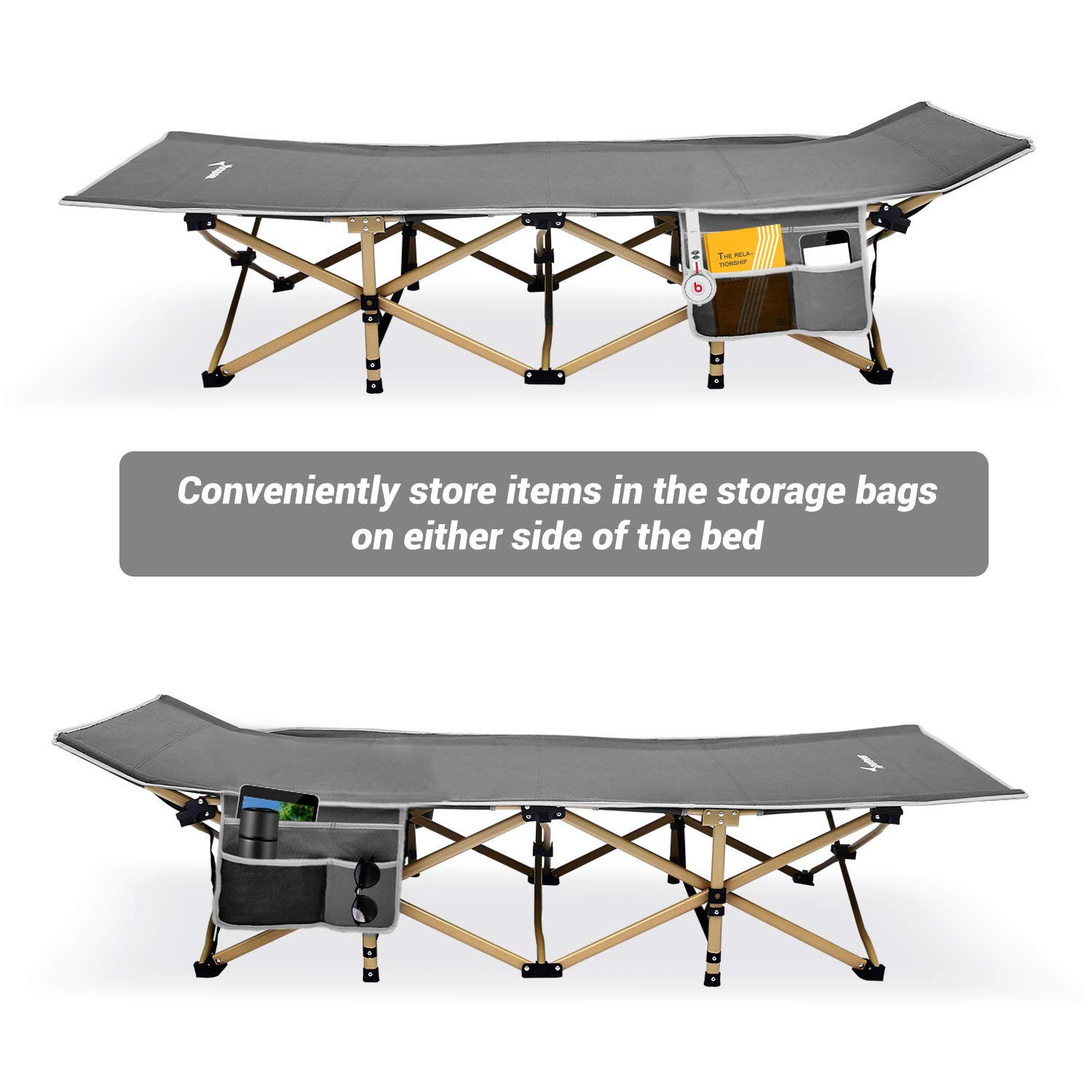 Sportneer Camping Cot, Max Load 450 LBS, 2 Side Large Pockets Portable