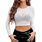Avidlove Mesh Top Women Rhinestone Sparkly Long Sleeve Sheer Crop Top See Through Shirt Glitter Going Out Tops
